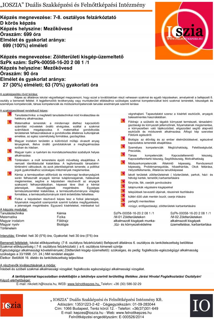 7-8. osztályos felzárkóztató képzés - Zöldterületi kisgép-üzemeltető - Mezőkövesd - IOSZIA felnottkepzes.hu