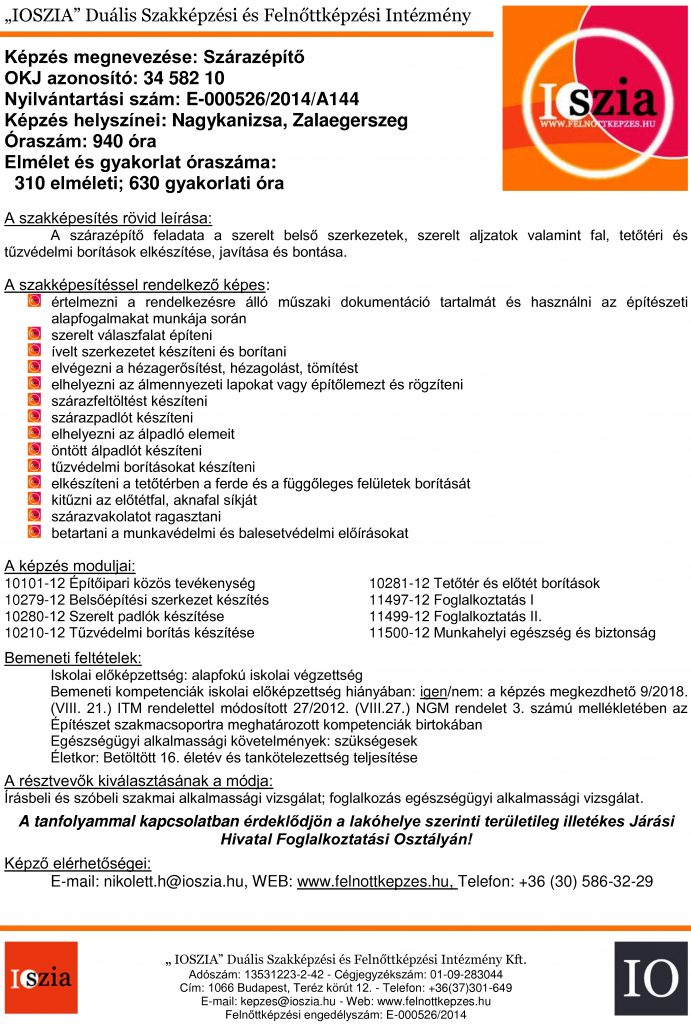 Szárazépítő OKJ - Nagykanizsa - Zalaegerszeg - felnottkepzes.hu - Felnőttképzés - IOSZIA